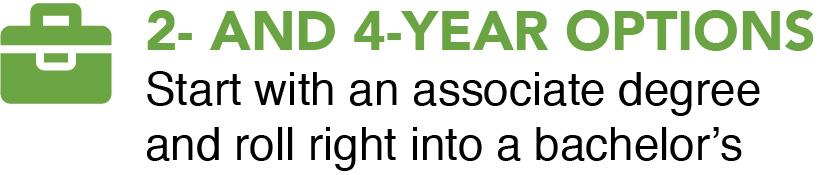 2- and 4- year options. Start with an associate degree and roll right into a bachelor's degree
